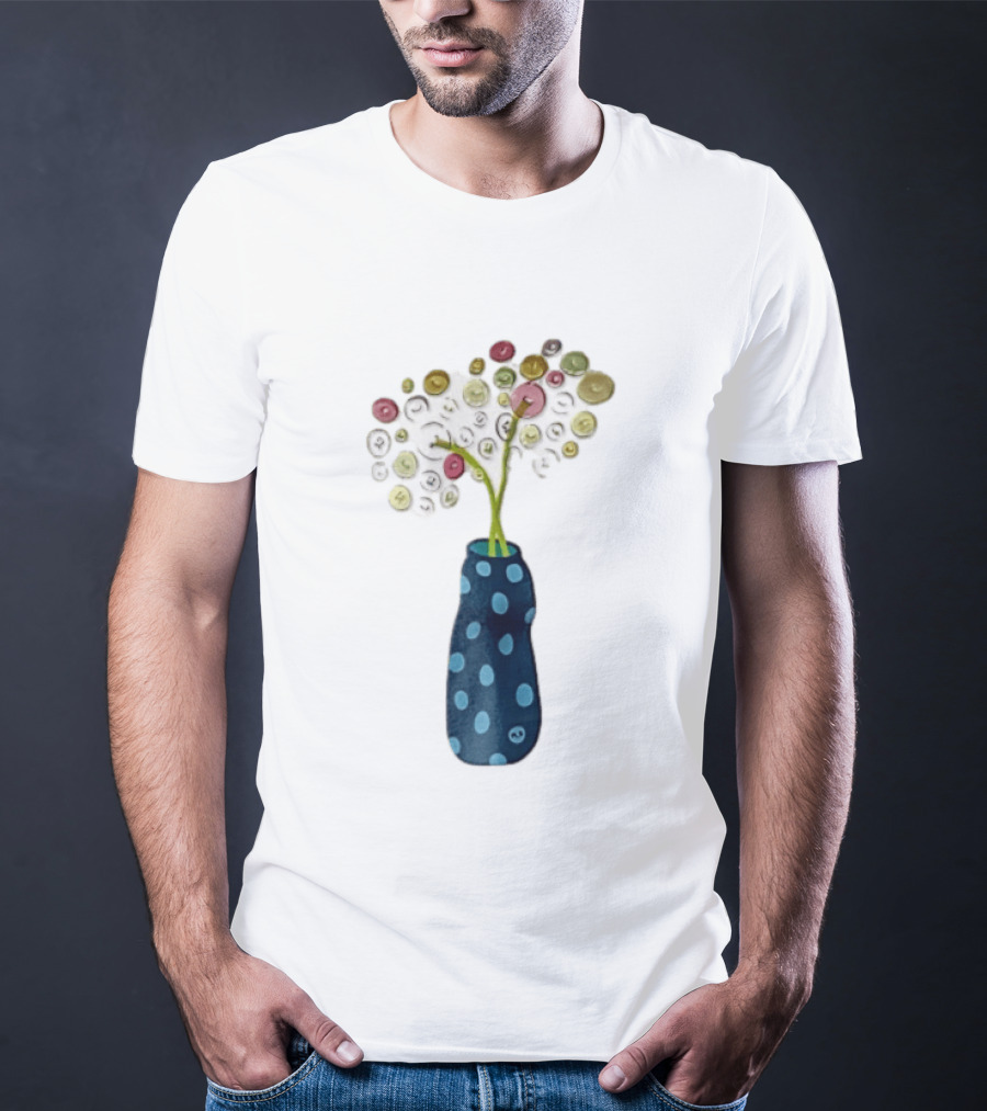 Polka Dot Vase With Colorful Button Flowers T-Shirt