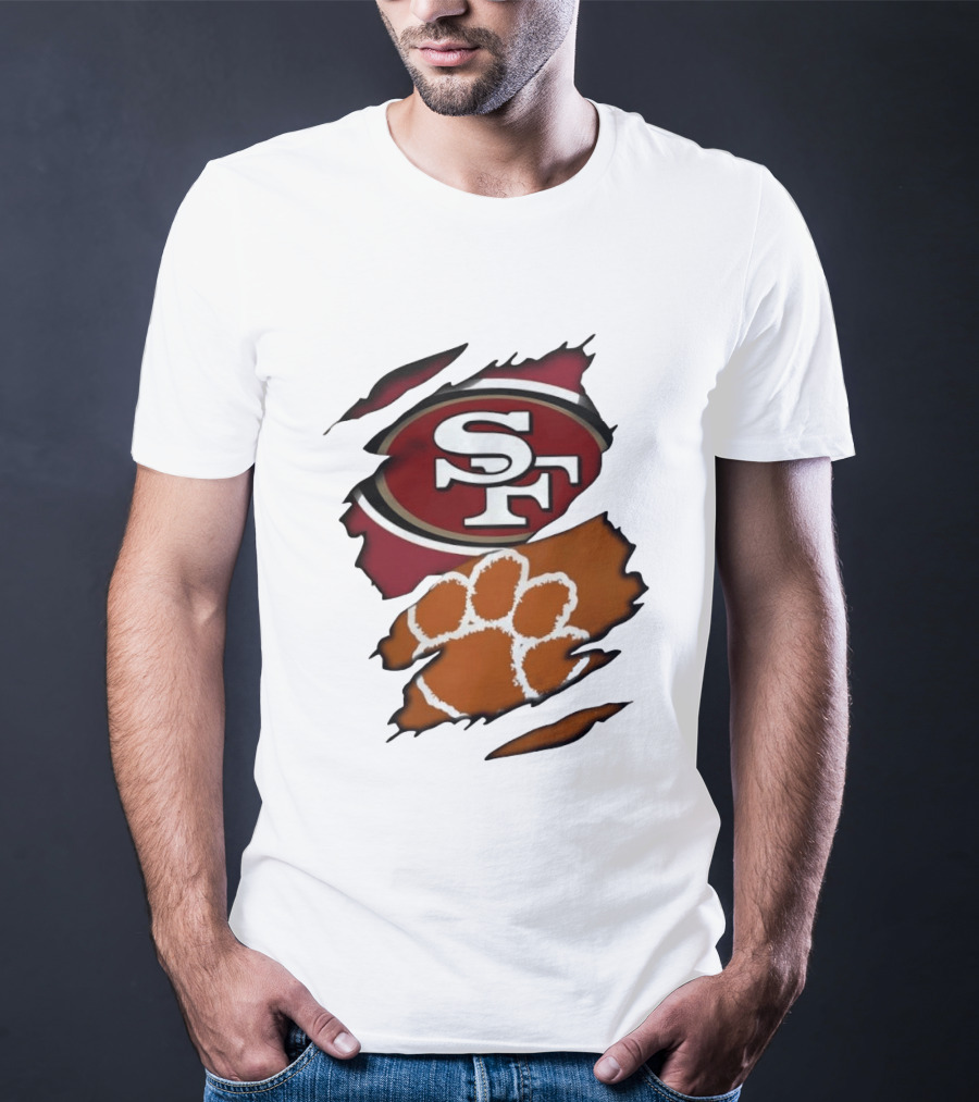 San Francisco 49ers SF And Clemson Tigers Paw Ripped Fabric T-Shirt