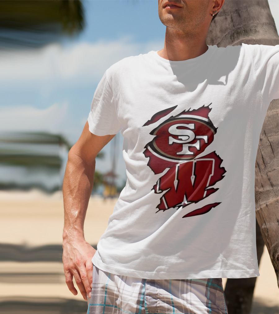 San Francisco 49ers SF And Wisconsin Badgers W Ripped Effect T-Shirt