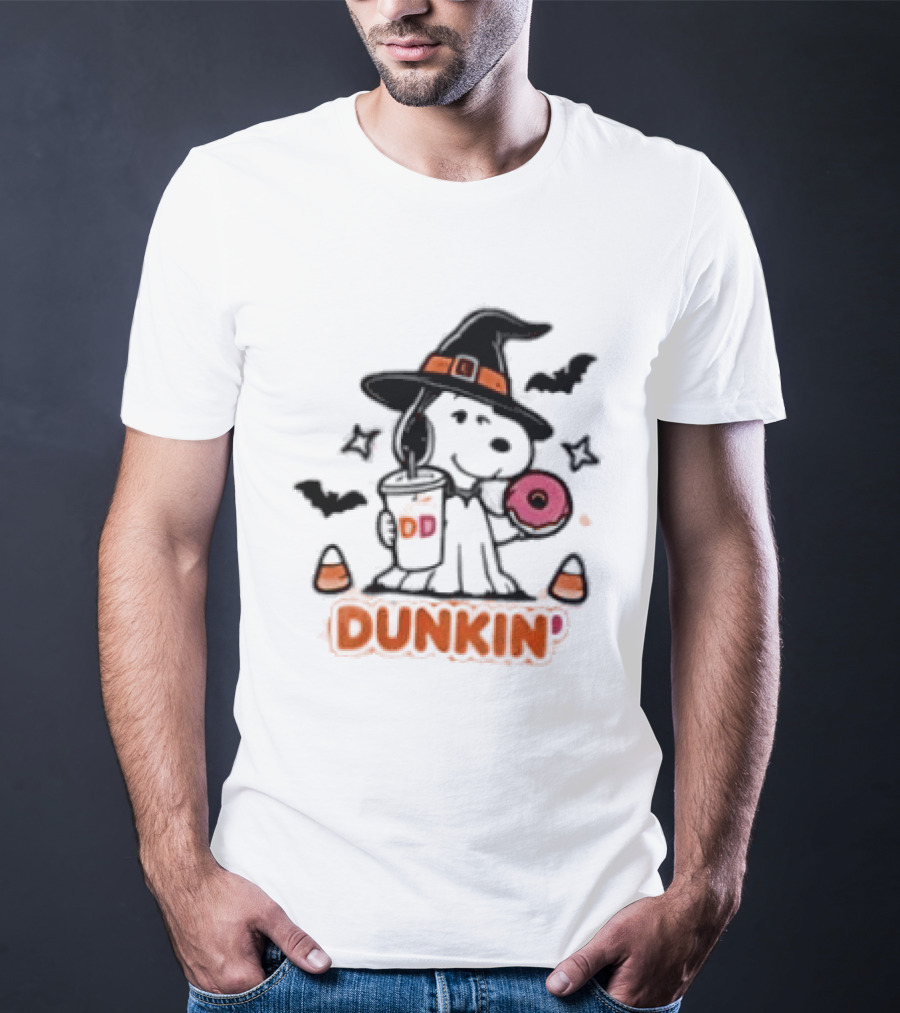 Snoopy Dunkin Donuts Halloween Witch Doughnut Coffee Cup Bats Candy Corn T-Shirt