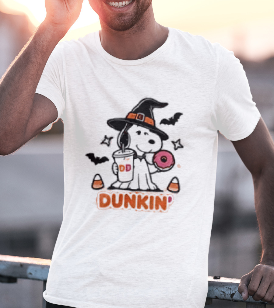 Snoopy Dunkin Donuts Halloween Witch Doughnut Coffee Cup Bats Candy Corn T-Shirt