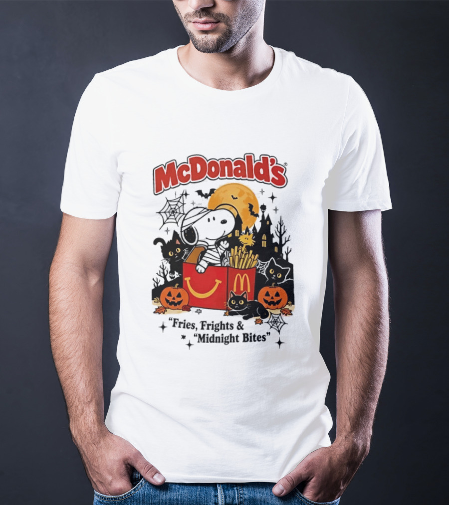 Snoopy McDonald's Halloween Fires Frights Midnight Bites Pumpkin Black Cat Moon T-Shirt