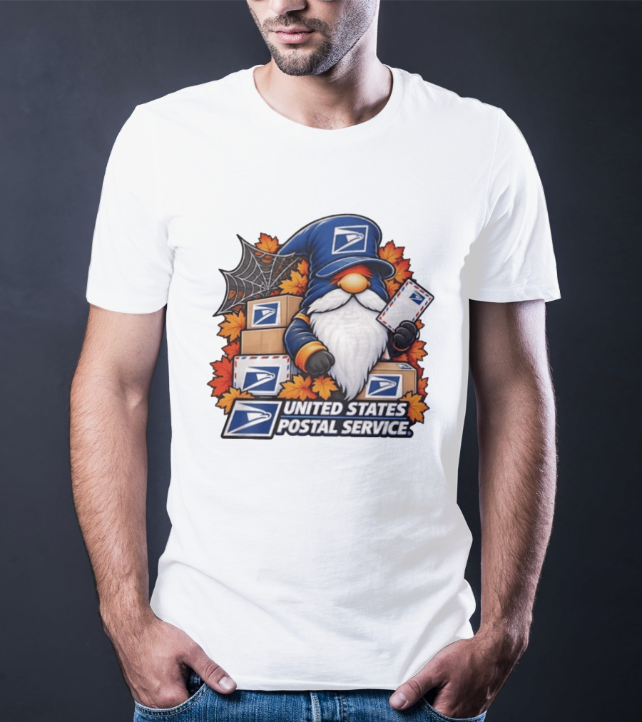 United States Postal Service Halloween Gnome With Mail And Fall Leaves T-Shirt