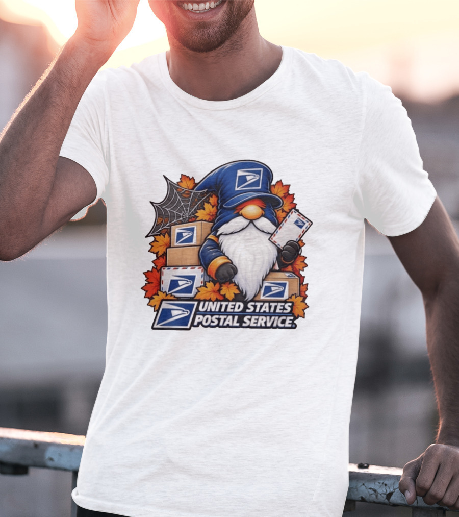 United States Postal Service Halloween Gnome With Mail And Fall Leaves T-Shirt