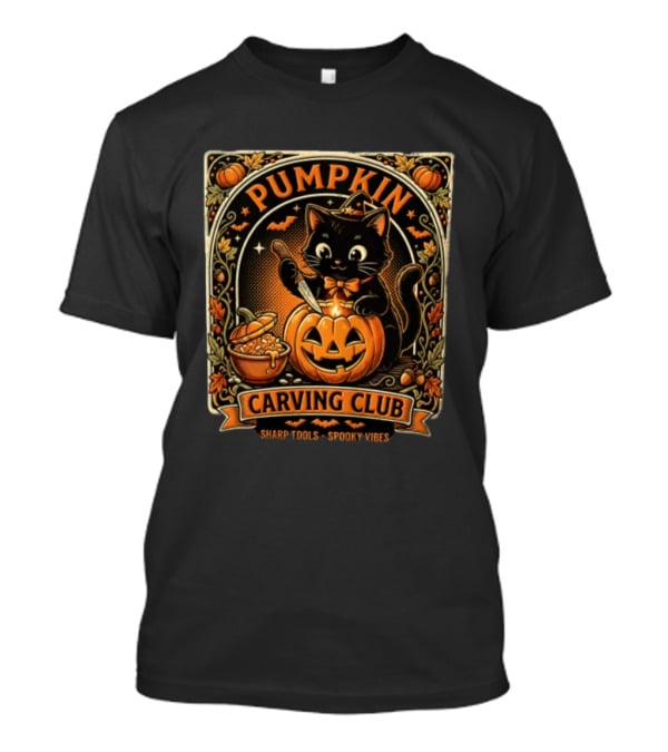 Pumpkin Carving Club Black Cat Sharp Tools Spooky Vibes T-Shirt