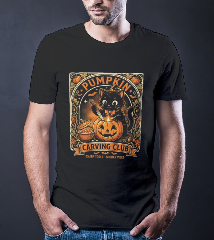 Pumpkin Carving Club Black Cat Sharp Tools Spooky Vibes T-Shirt