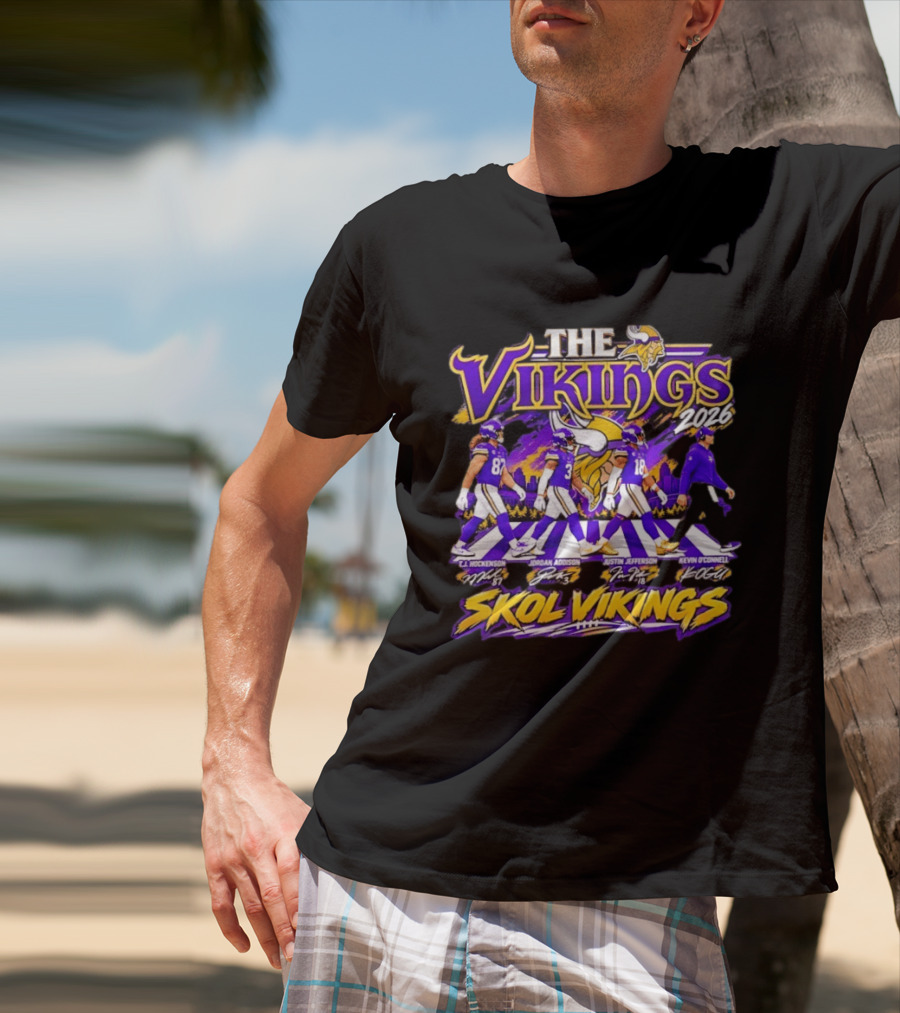 The Vikings 2026 J.J. Hockenson Jordan Addison Justin Jefferson Kevin O'Connell Skol Vikings T-Shirt
