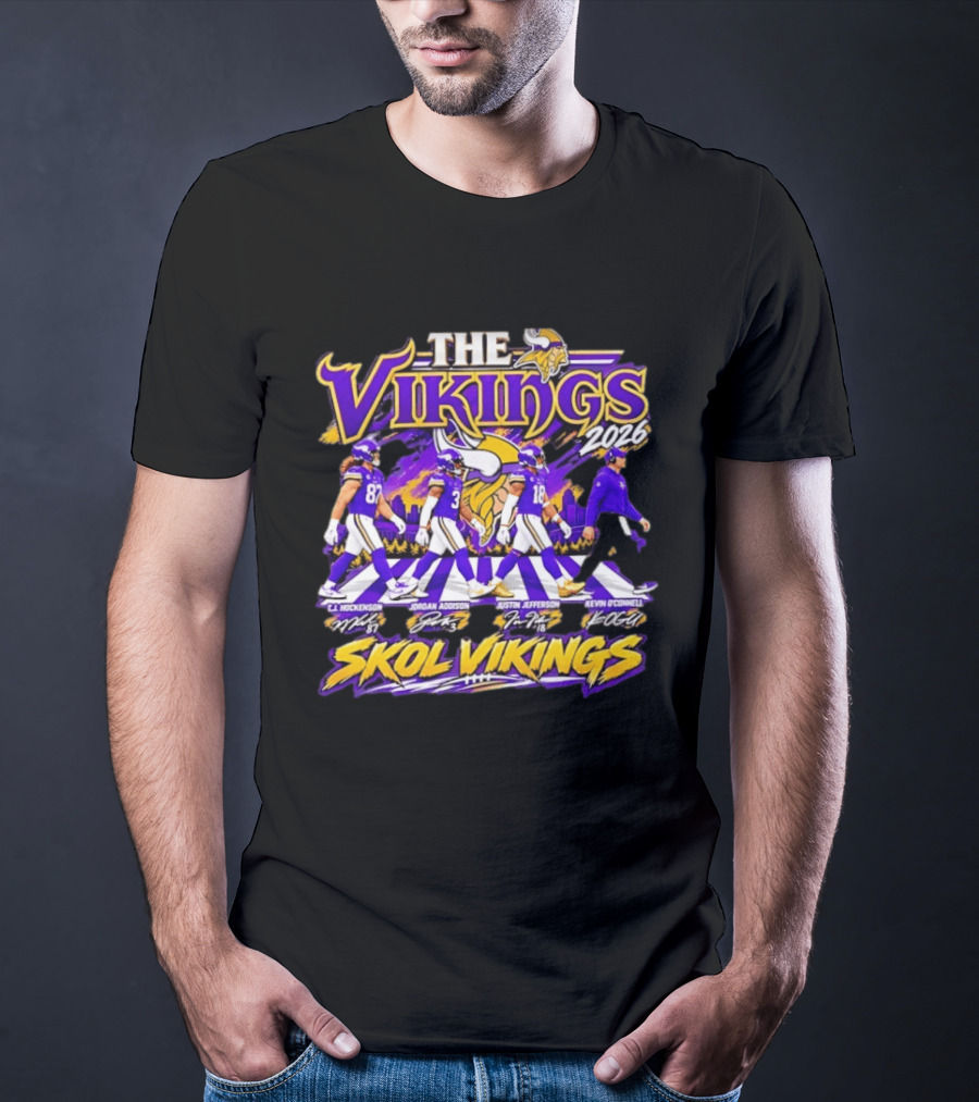 The Vikings 2026 J.J. Hockenson Jordan Addison Justin Jefferson Kevin O'Connell Skol Vikings T-Shirt