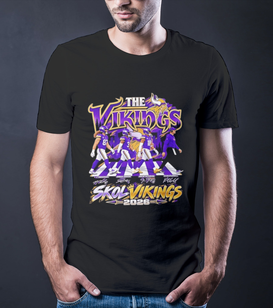Minnesota Vikings Skol Vikings Abbey Road 2026 T. J. Hockenson Justin Jefferson Kevin O'Connell T-Shirt