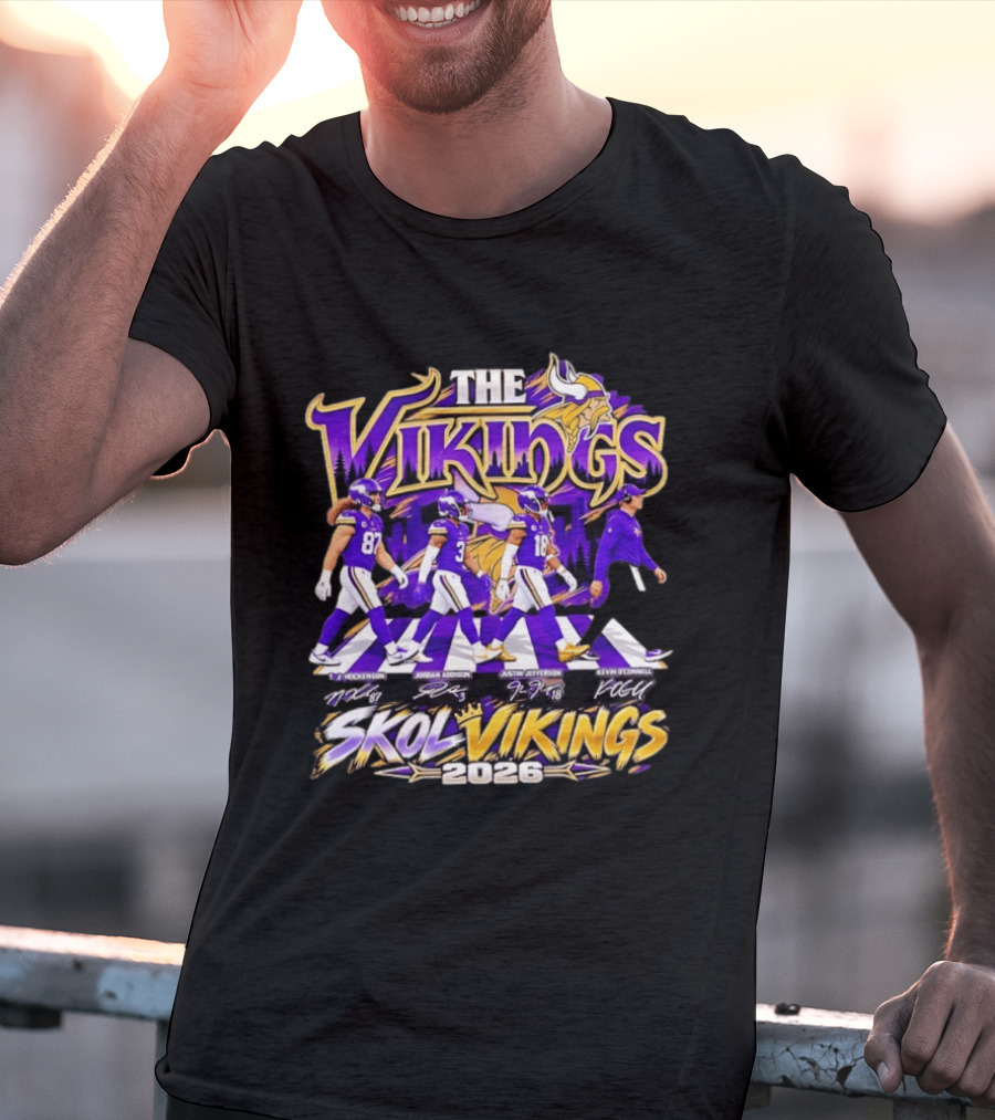 Minnesota Vikings Skol Vikings Abbey Road 2026 T. J. Hockenson Justin Jefferson Kevin O'Connell T-Shirt