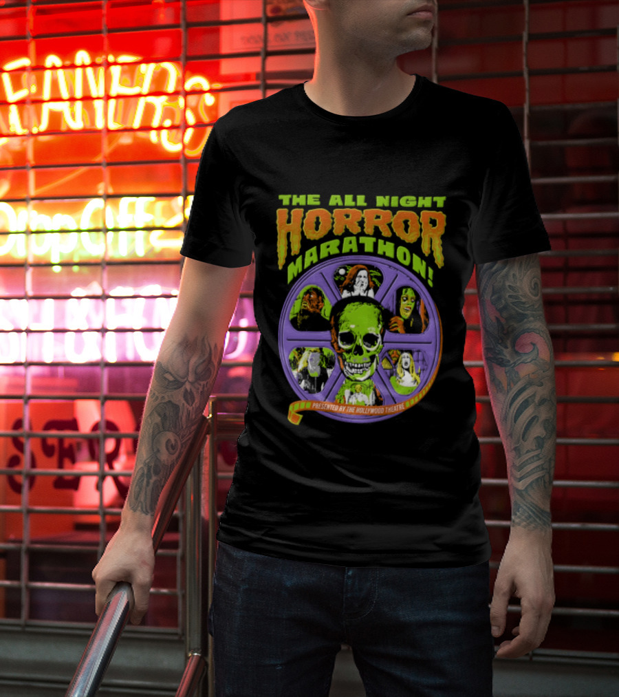 The All Night Horror Marathon Presented By The Hollywood Theatre Skulls And Monster Faces 2026 T-Shirt