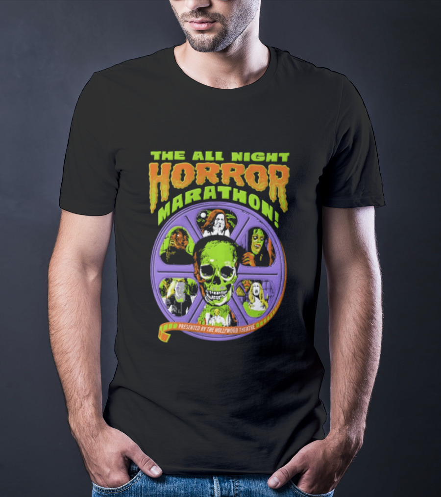 The All Night Horror Marathon Presented By The Hollywood Theatre Skulls And Monster Faces 2026 T-Shirt