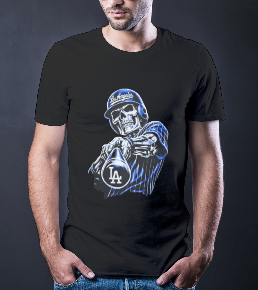 Los Angeles Dodgers Skeleton Baseball Player Pinstripe Jersey LA Cap T-Shirt