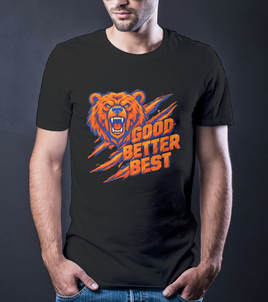 Good Better Best Grizzly Bear Claw Scratch Roaring Face Orange Blue T-Shirt