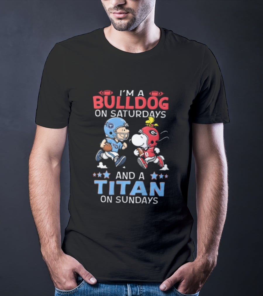 I'm A Bulldog On Saturdays And A Titan On Sundays Charlie Brown Snoopy Woodstock T-Shirt