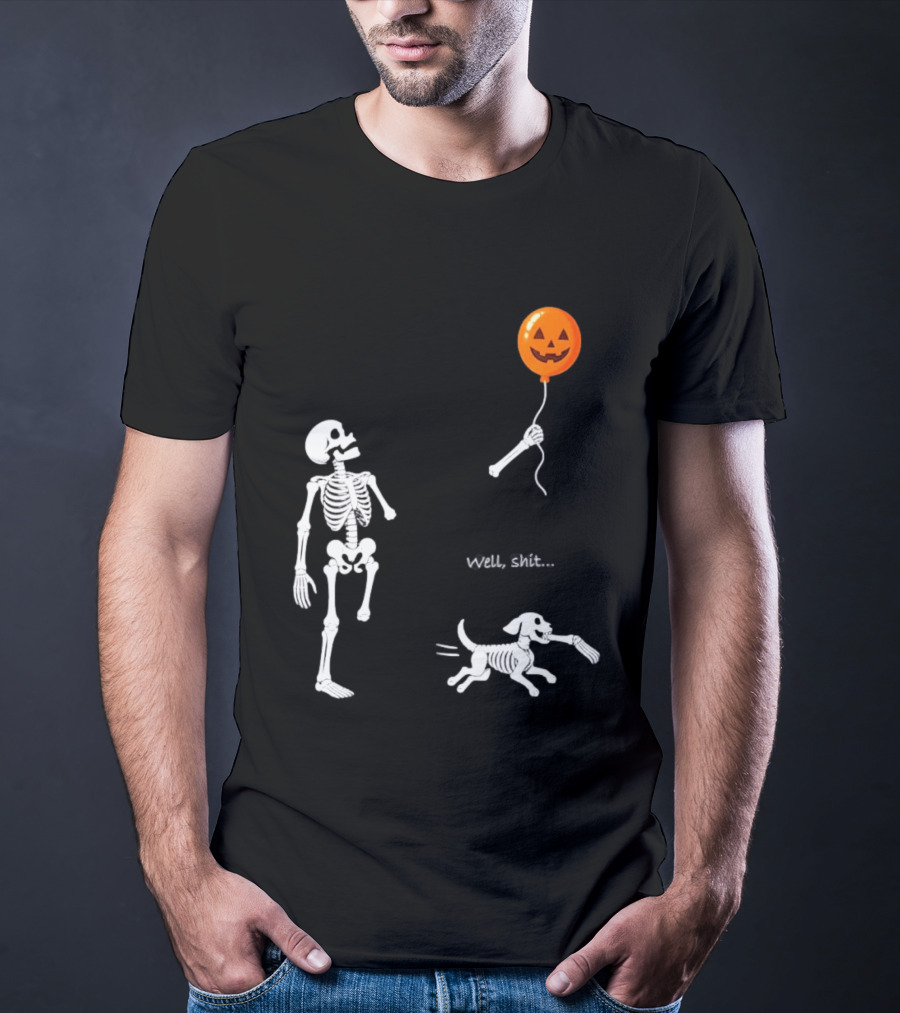 Skeleton Losing Halloween Pumpkin Balloon To Dog Well Shit T-Shirt