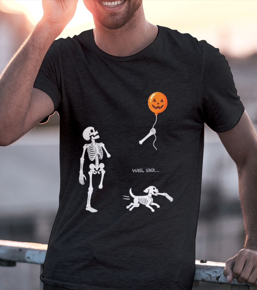 Skeleton Losing Halloween Pumpkin Balloon To Dog Well Shit T-Shirt