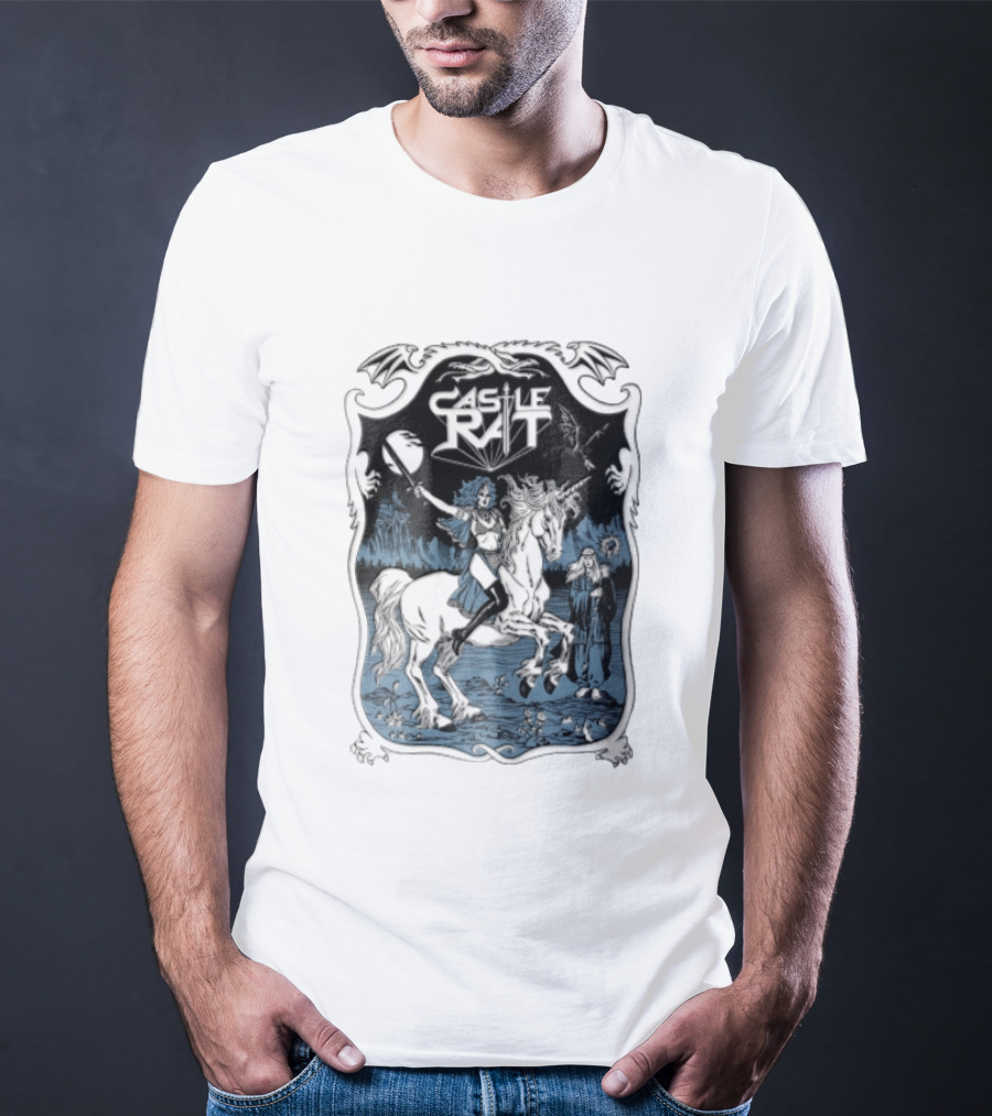 Castle Rat Warrior Woman Riding Unicorn Wizard Fantasy Scene T-Shirt