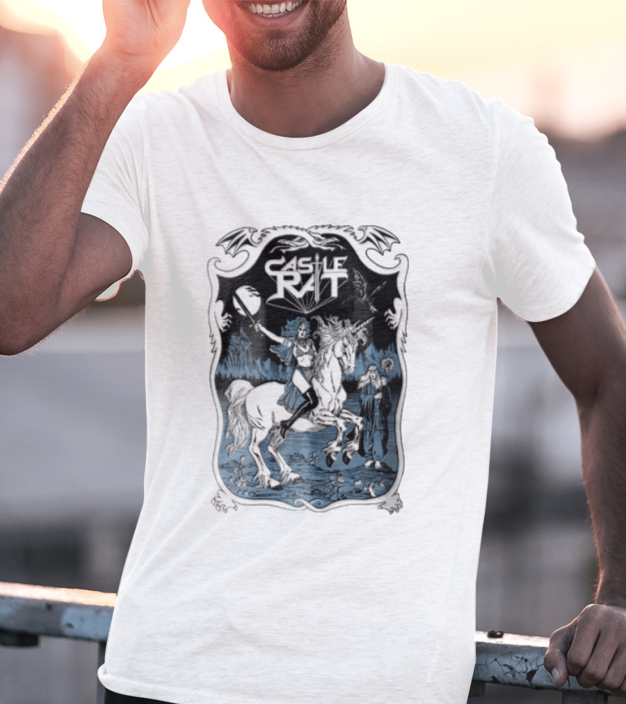 Castle Rat Warrior Woman Riding Unicorn Wizard Fantasy Scene T-Shirt