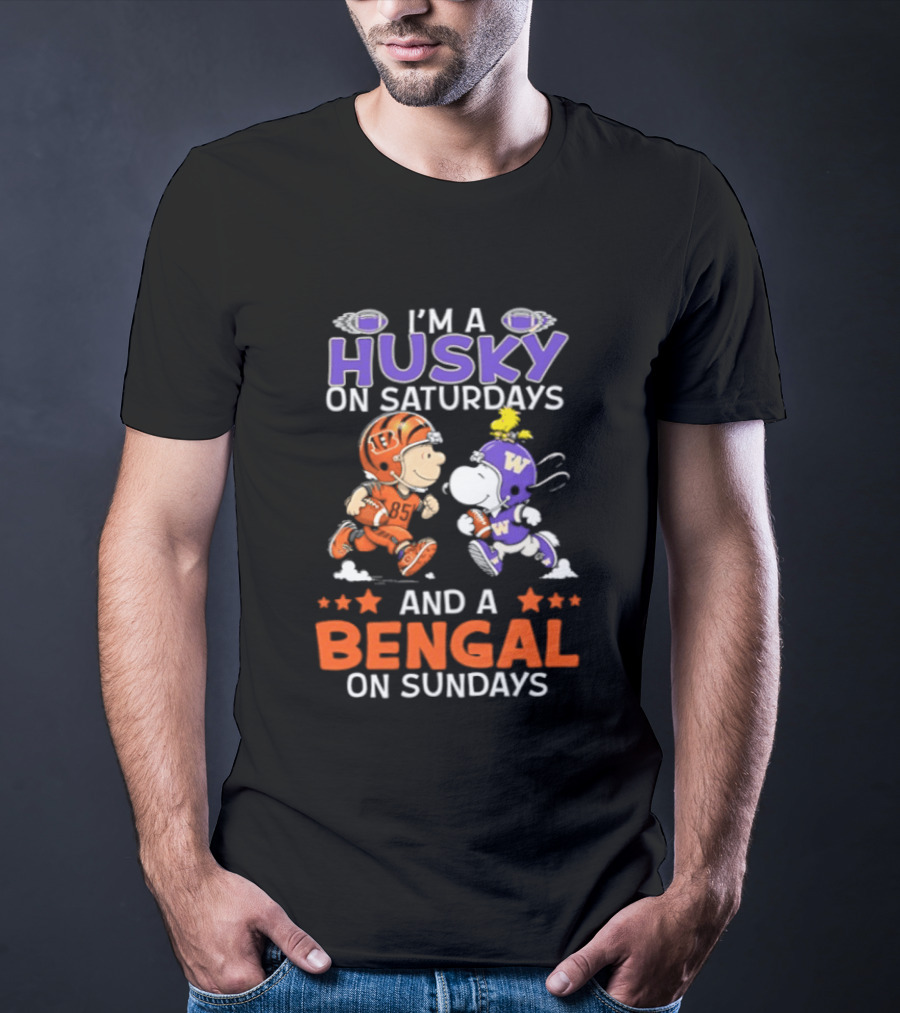 I'm A Husky On Saturdays And A Bengal On Sundays Snoopy And Charlie Brown Football Fan Days T-Shirt