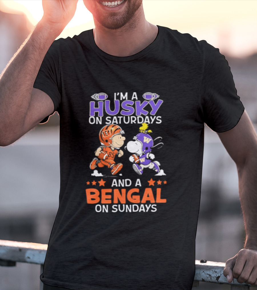 I'm A Husky On Saturdays And A Bengal On Sundays Snoopy And Charlie Brown Football Fan Days T-Shirt