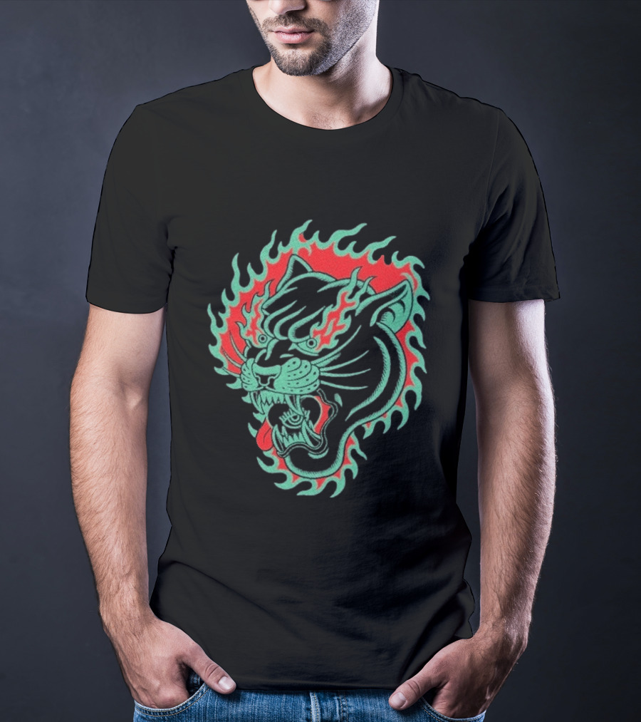 Bad Monday Panther Bite Heavy Flaming Green Red Panther T-Shirt