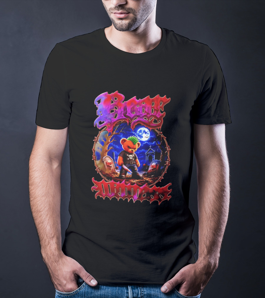 Bear Killers Punk Teddy Bear With Knife And Moonlit Graveyard Scene T-Shirt