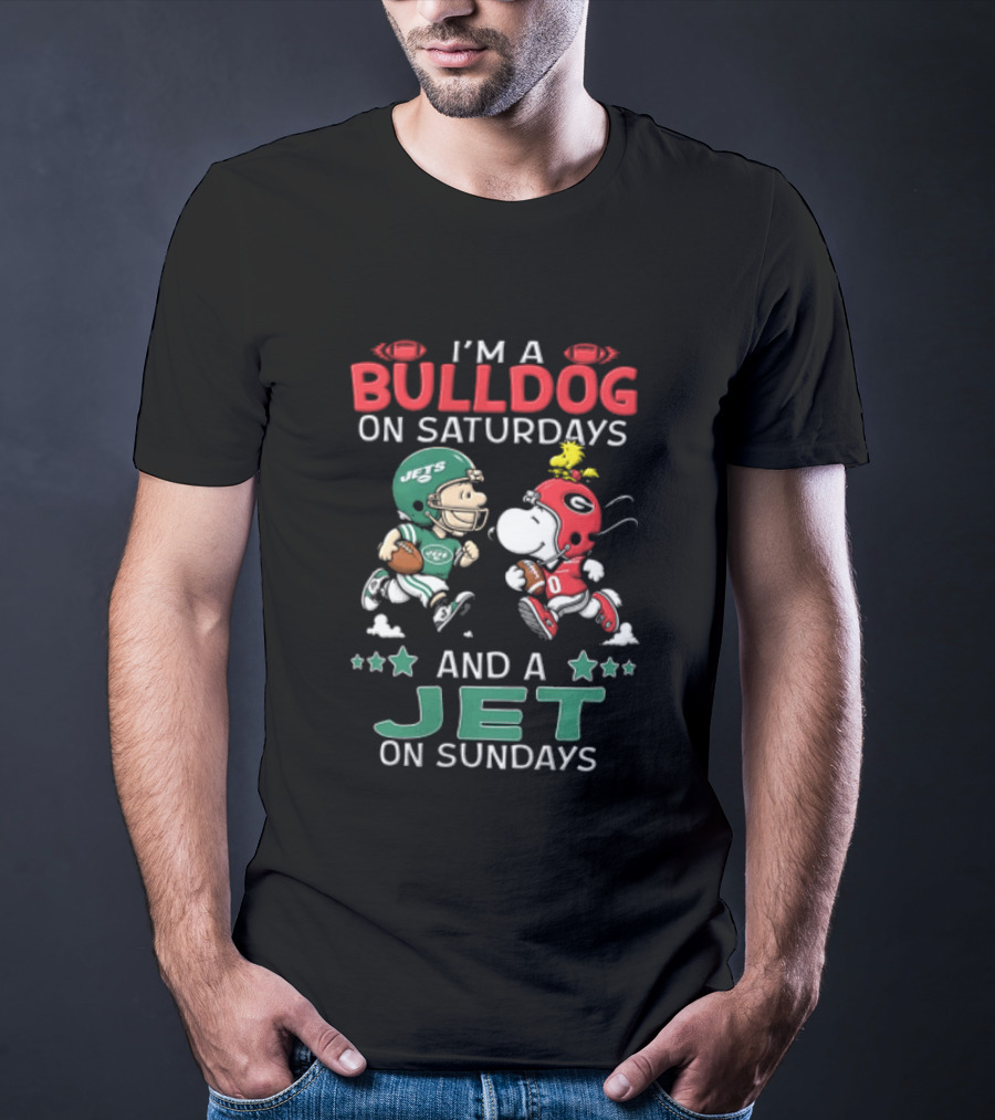 Charlie Brown Snoopy Woodstock I'm A Bulldog On Saturdays And A Jet On Sundays NCAAF NFL T-Shirt