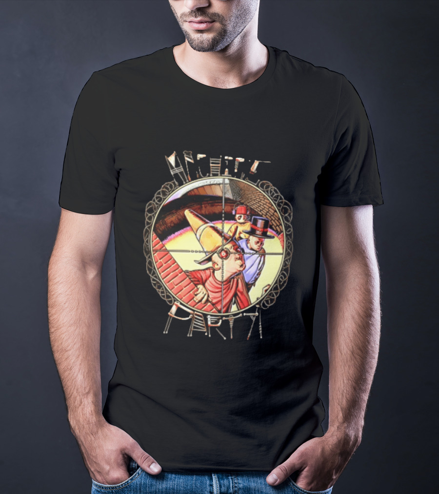 Machine Party Surreal Dark Fantasy Dystopian Vintage Cartoon Target Crosshair T-Shirt