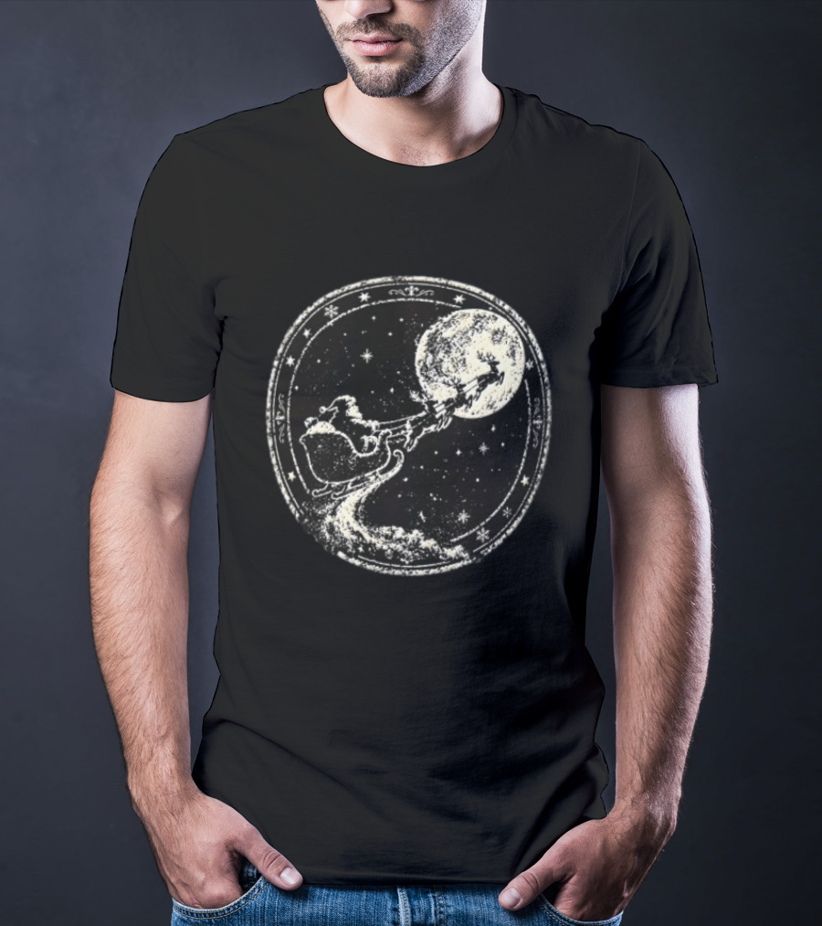 Santa Sleigh Flying Across Moonlit Night Vintage Stamp Christmas T-Shirt