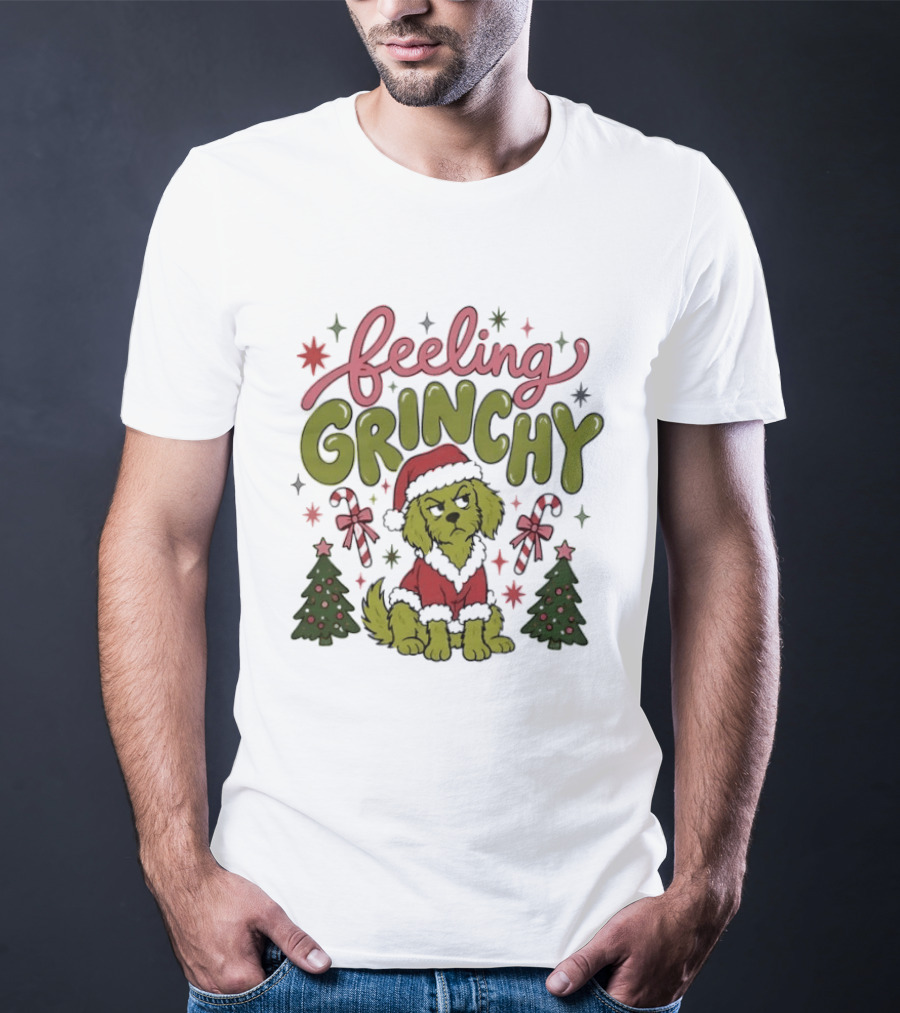 Feeling Grinchy Dog Christmas Santa Hat Candy Canes Trees T-Shirt
