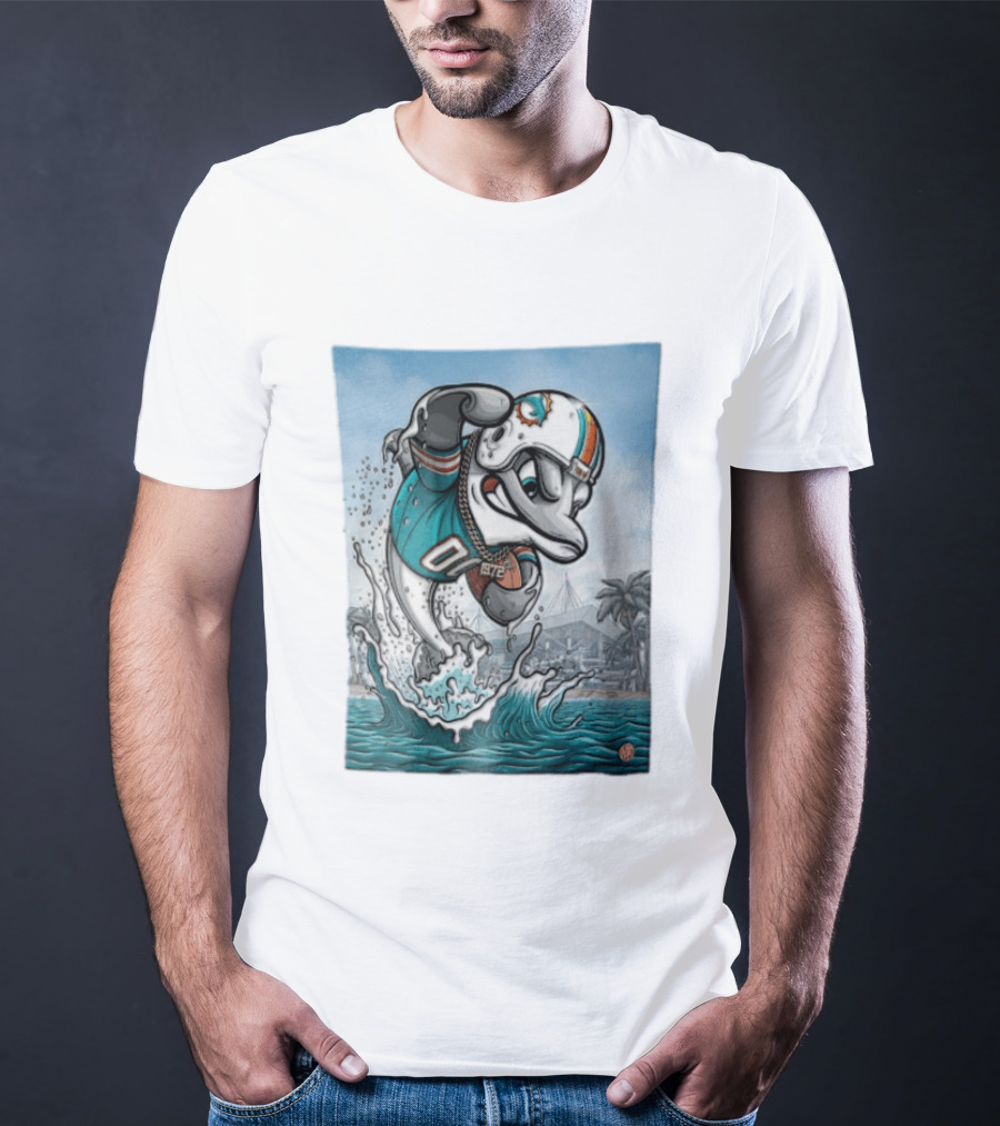 Miami Dolphins Garo Yepremian Fins Up 1972 Cartoon Dolphin Helmet Football T-Shirt