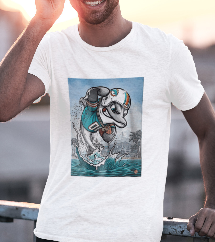 Miami Dolphins Garo Yepremian Fins Up 1972 Cartoon Dolphin Helmet Football T-Shirt