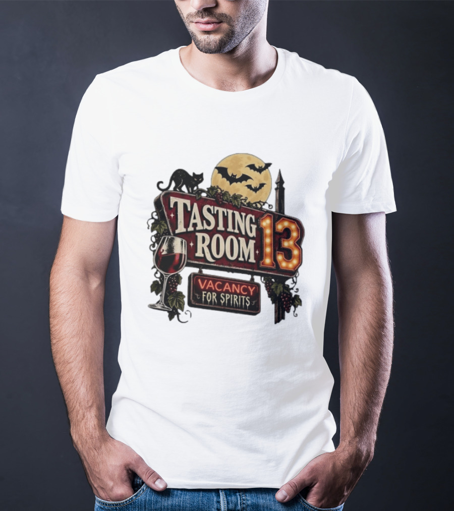 Tasting Room 13 Vacancy For Spirits Halloween Wine Moon Bats Cat T-Shirt