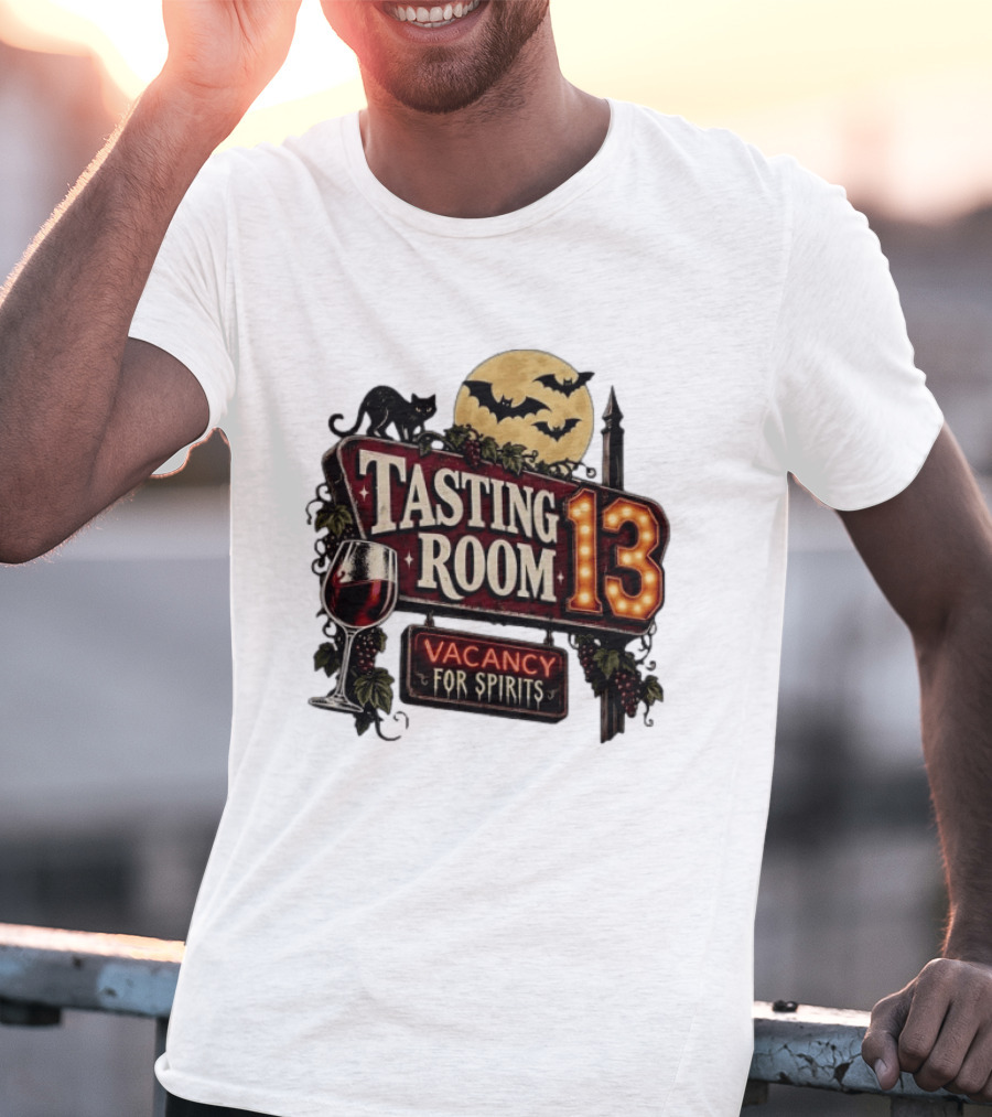 Tasting Room 13 Vacancy For Spirits Halloween Wine Moon Bats Cat T-Shirt