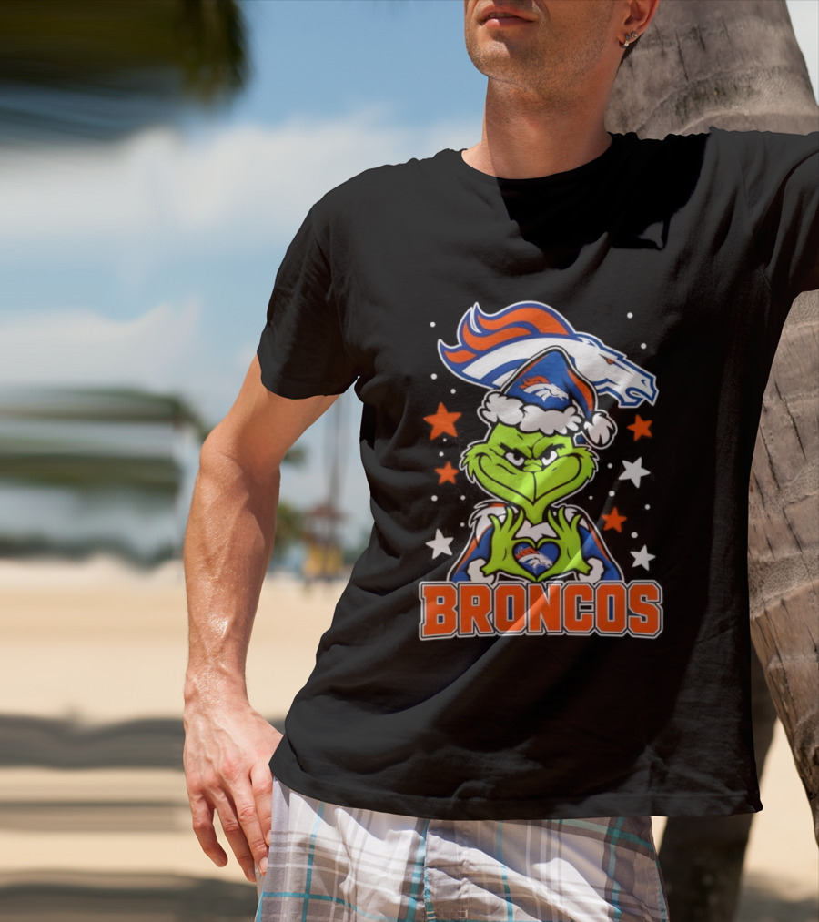 Broncos Christmas Grinch Heart Hands Love Denver Football T-Shirt