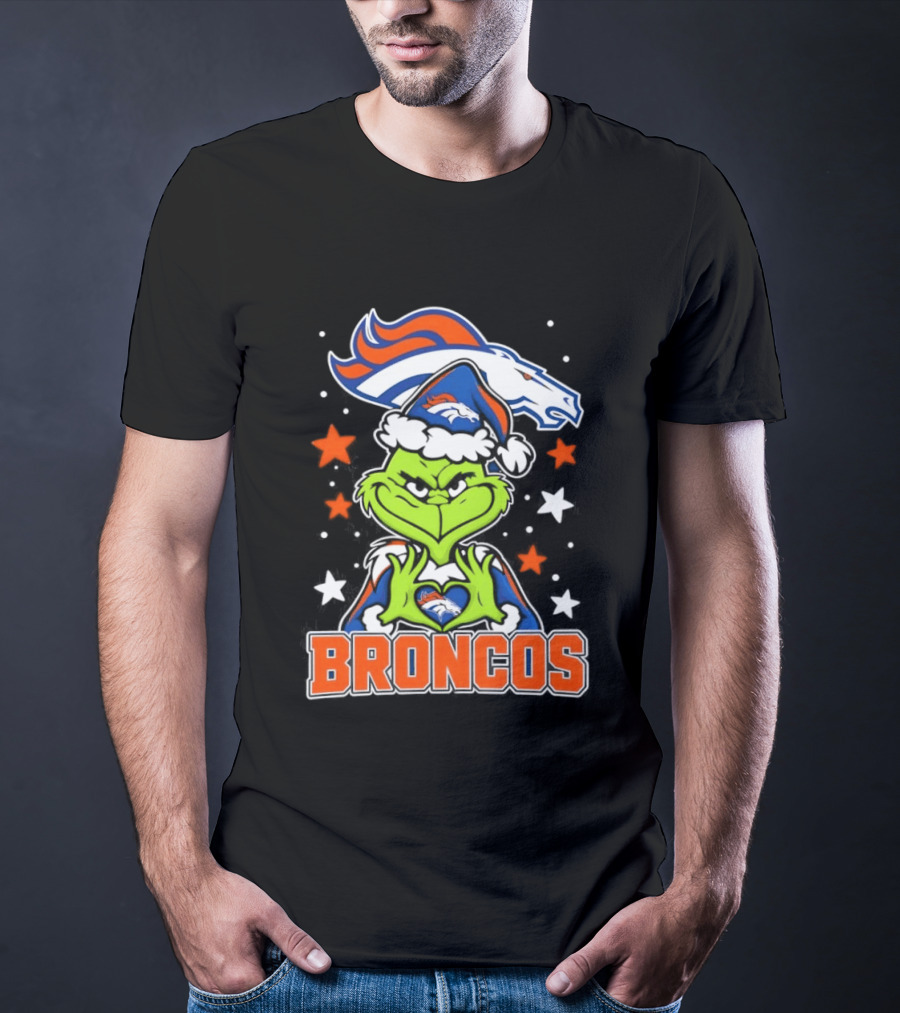 Broncos Christmas Grinch Heart Hands Love Denver Football T-Shirt