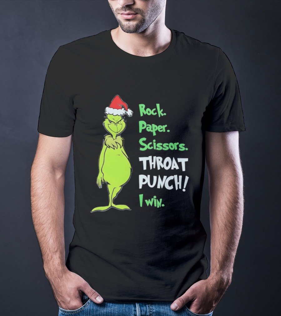 Rock Paper Scissors Throat Punch I Win Grinch With Santa Hat T-Shirt