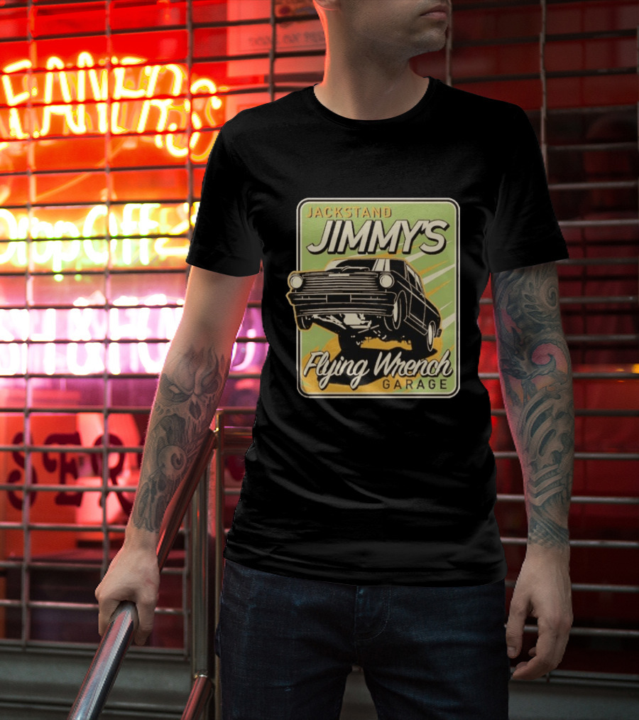 Jackstand Jimmy's Flying Wrench Garage Vintage Hot Rod Art Cleetus McFarland T-Shirt
