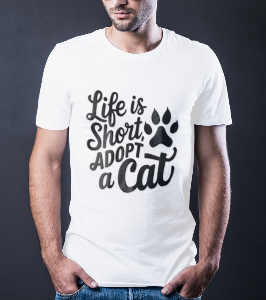 Life Is Short Adopt A Cat Paw Print T-Shirt
