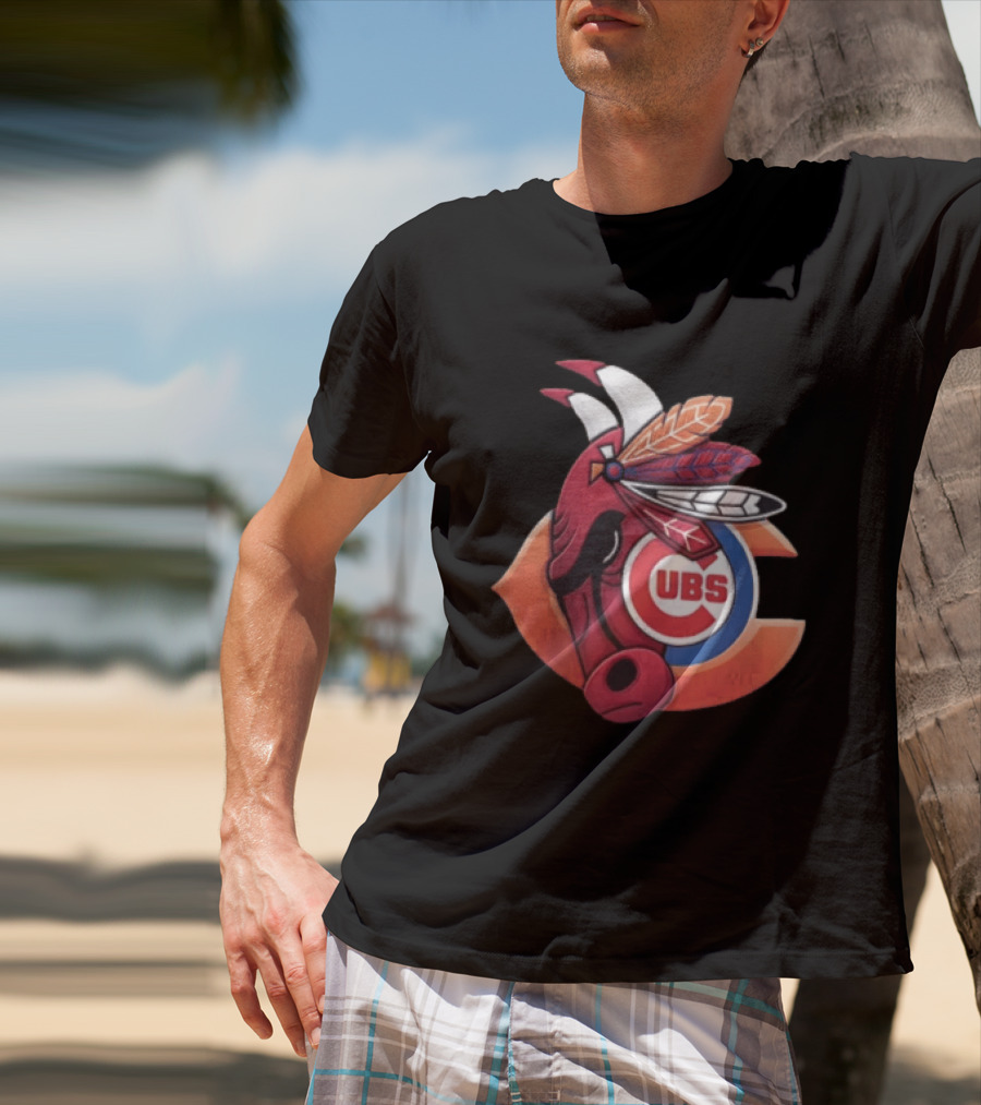 Chicago Bears Cubs Red Bull Native American Headdress T-Shirt