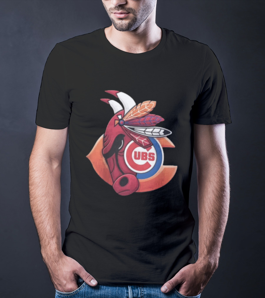 Chicago Bears Cubs Red Bull Native American Headdress T-Shirt