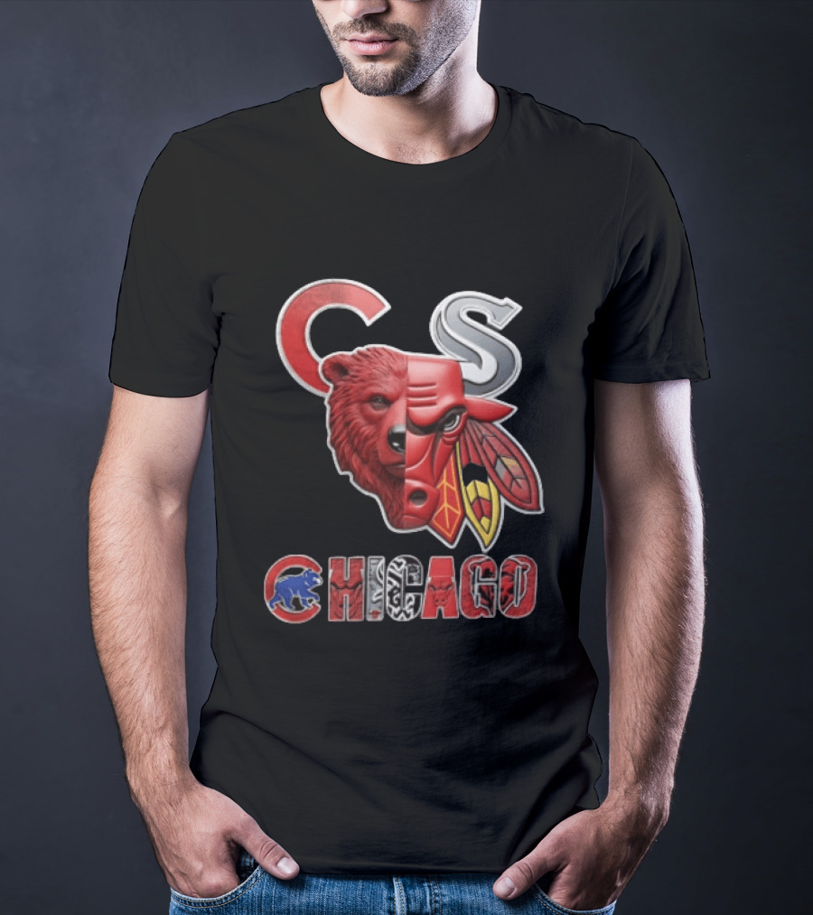 Chicago Cubs Bulls Blackhawks Split Face Bear Bull T-Shirt