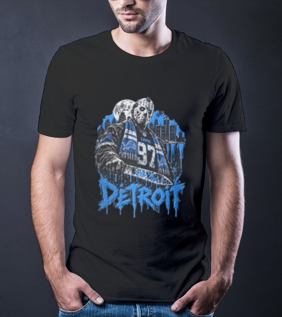 Detroit Lions Aidan Hutchinson 97 Jason Voorhees Knife Detroit Skyline Lions T-Shirt