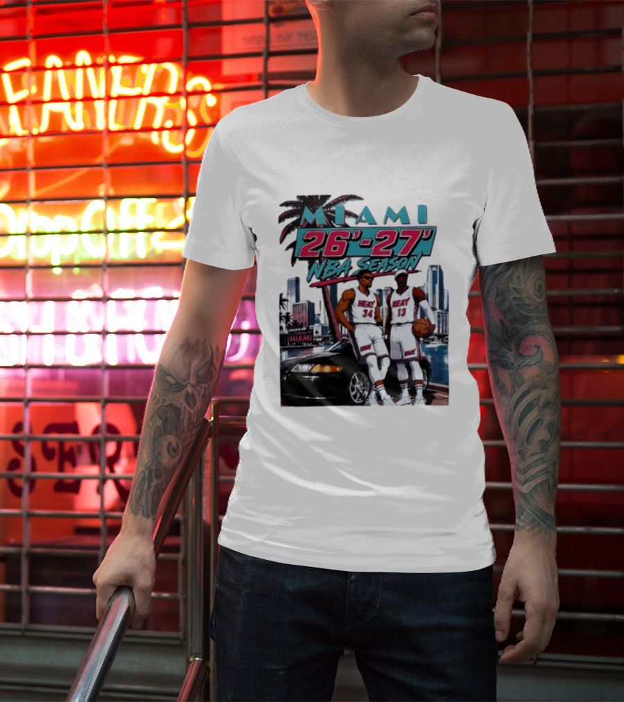 Miami Heat 26 27 NBA Season Palm Trees Skyline Players T-Shirt