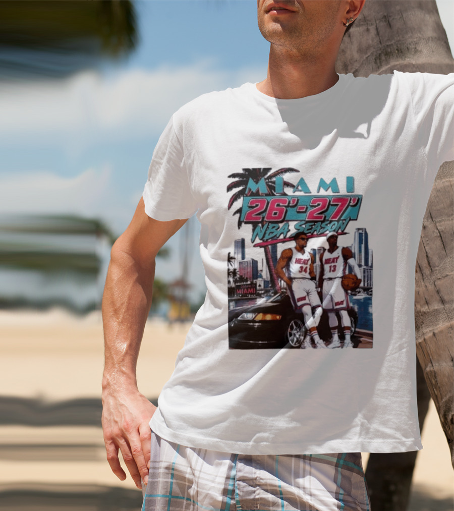 Miami Heat 26 27 NBA Season Palm Trees Skyline Players T-Shirt