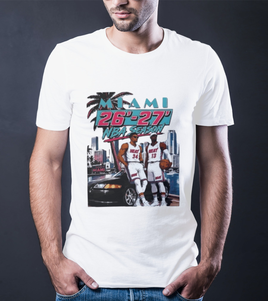 Miami Heat 26 27 NBA Season Palm Trees Skyline Players T-Shirt