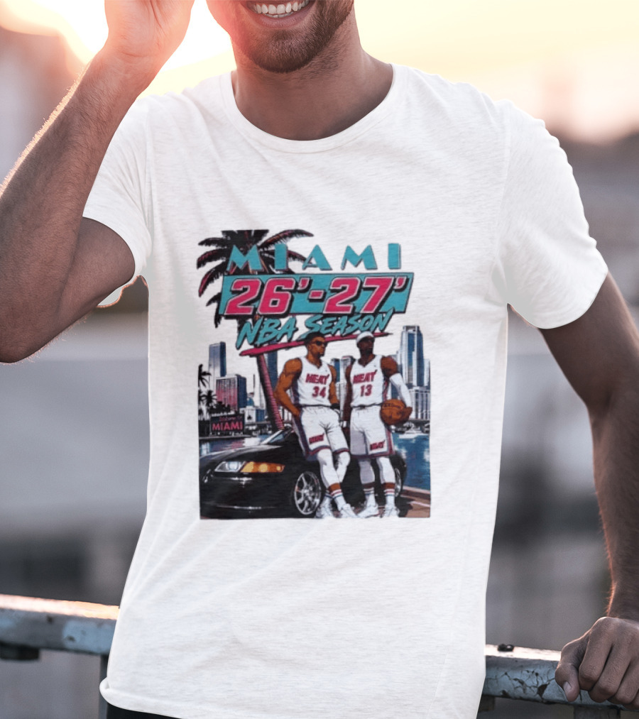 Miami Heat 26 27 NBA Season Palm Trees Skyline Players T-Shirt