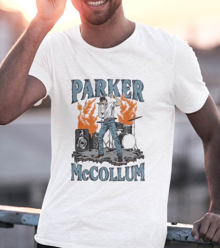 Parker Mccollum Cartoon Flames Concert Scene With Drums And Speakers T-Shirt