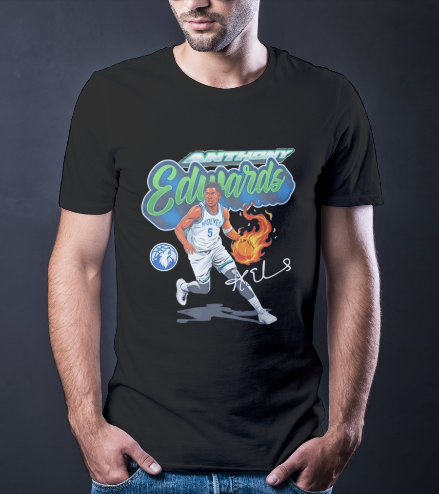 Anthony Edwards Wolves Cursive Script Basketball Flame Edit T-Shirt